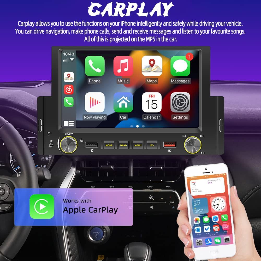 1Din Car Radio Android Auto/CarPlay Mirror Link 6.2" Touch Screen Bluetooth FM USB Colorful Lights Wince System