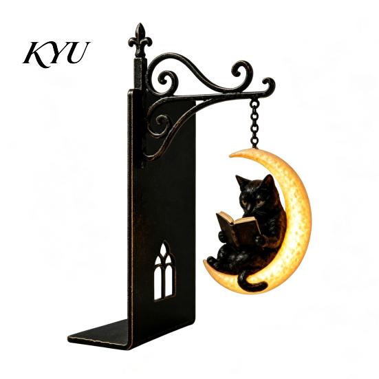 Heavy Duty Book Ends Gothic Metal Bookends with Hanging Light, Cat Raven Ghost Decorative Black Moon Support Bookshelf Lamp, Vintage Church