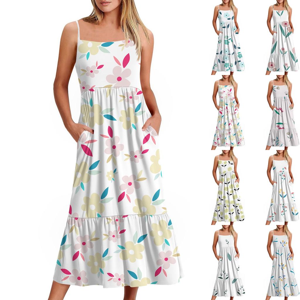 Women's Long Beach Casual Elegant Spaghetti Strap Maxi Dress Floral Low-key Flowing Bohemian Dress