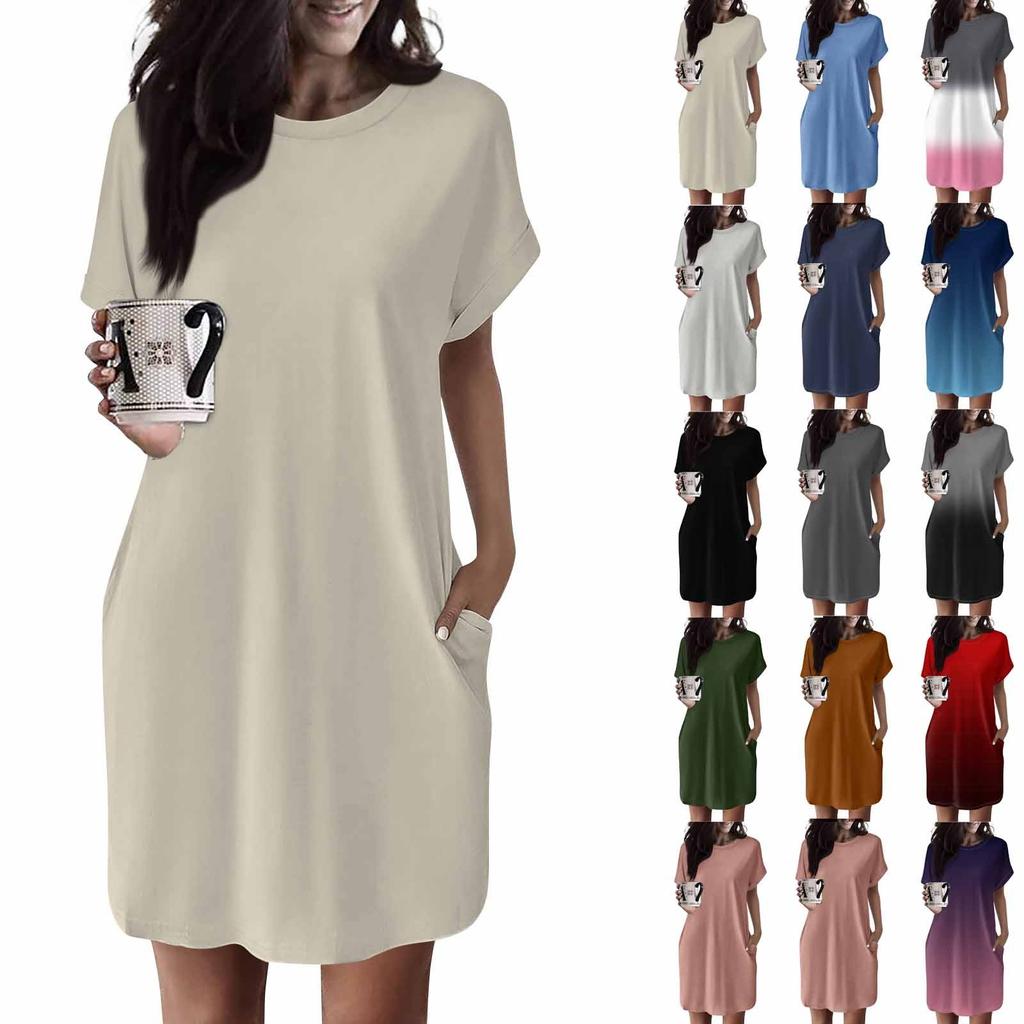 Женское платье с круглым вырезом и коротким рукавом, повседневные летние платья-туники, свободное платье с карманом