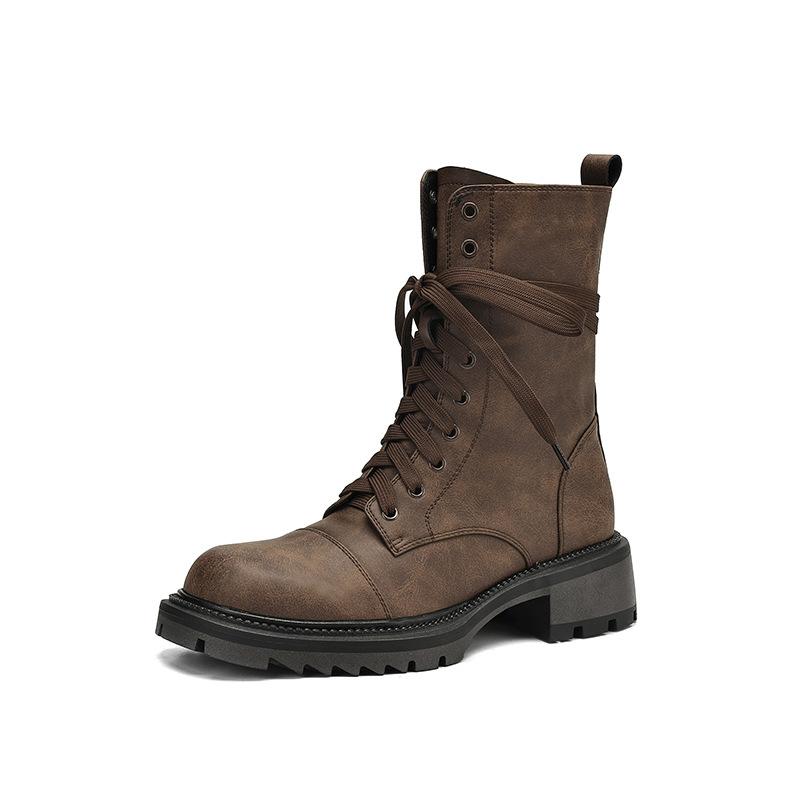 Дорожные кожаные коричневые милые крутые на среднем каблуке ботинки Мартин женские летние ботинки Синьцзян 2025 новые британские шнурованные короткие ботинки