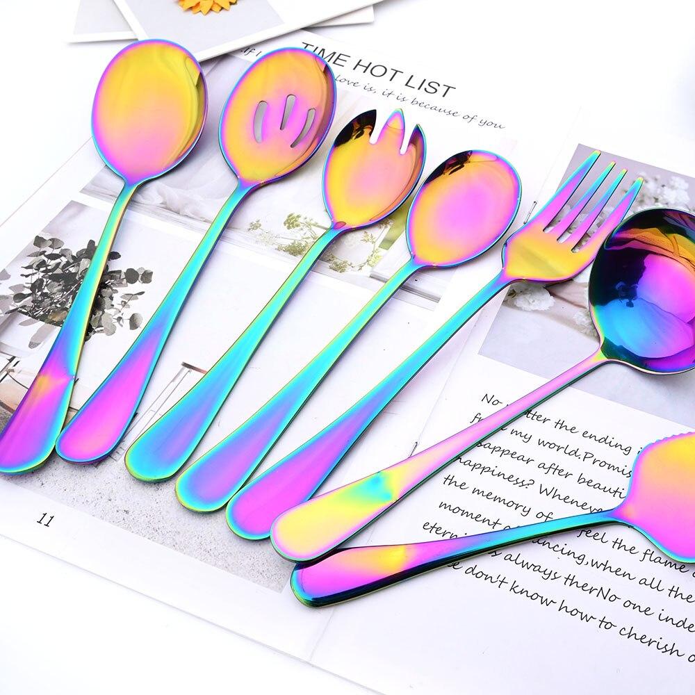 JANKNG Rainbow Tableware Stainless Steel Service Set Soup Spoon Salad Fork Cakecutter Dinnerware Set Dinner Kitchen Flatware Set
