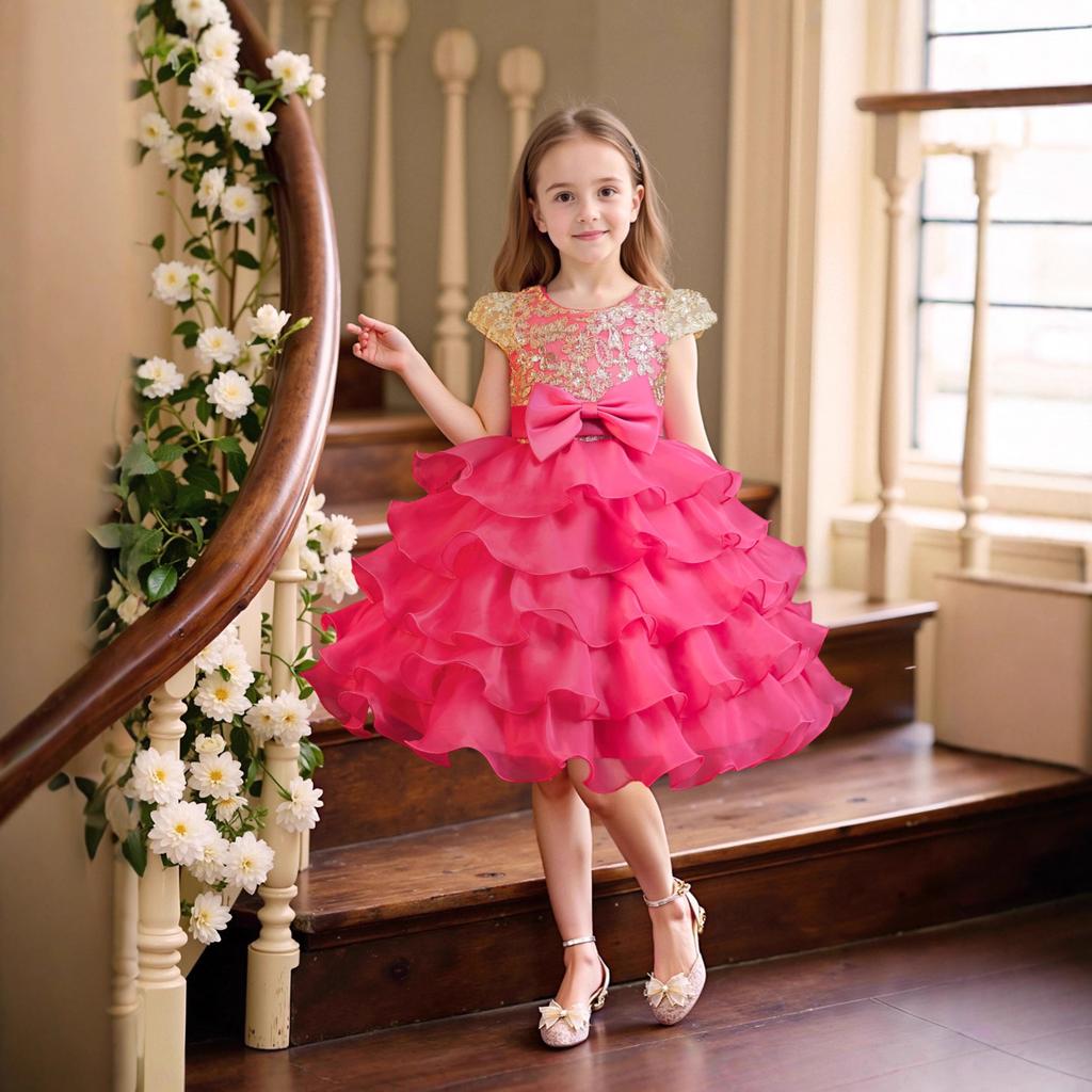 Платья для девочек Стереоскопическое платье принцессы с розами Многослойная сетка Помпон Помпон Платье для девочки-цветочницы Ведущей Свадебное платье Любимое платье маленькой девочки Платья