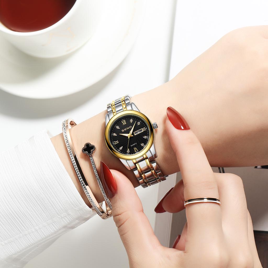 Женские кварцевые часы Простые повседневные светящиеся водонепроницаемые кварцевые часы с двойным календарем