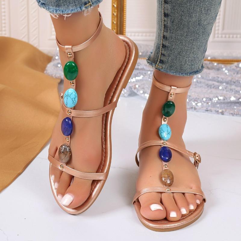 Fashion Summer Ladies Striped Thin Heel Sandals with Colorful Embellishing Open Toe Buckle Roman Shoes Plus Size