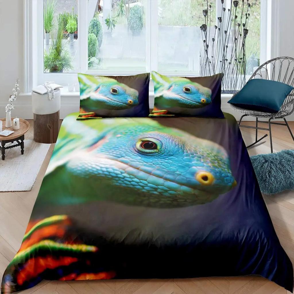 Chameleon Duvet Cover Set 3D Wild Animal Theme Twin Bedding Set Wildlife Comforter Cover Boys Green Leaf Polyester Quilt Cover