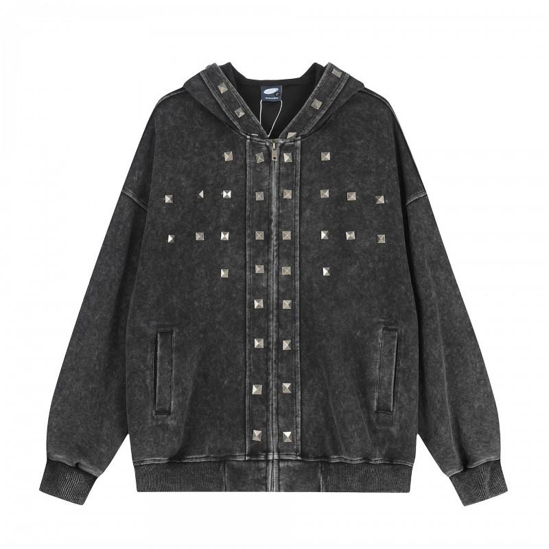 Unisex Streetwear Hooded Zip-Up Sweatshirt With Rivet Detail Cotton Blend Loose Fit Casual Wear
