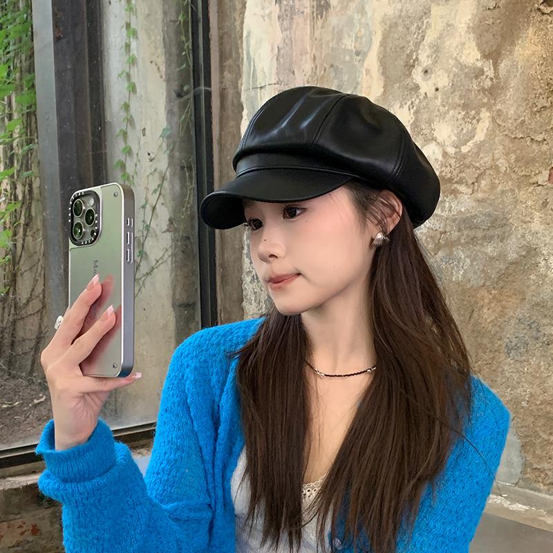 Восьмиугольная шляпа из искусственной кожи ягненка, женская осенне-зимняя высококачественная ретро-беретка, тонкая шляпа газетчика, шляпа литературного и ретро-художника