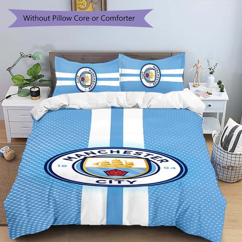3pcs Manchester City Football Club pattern bedding set duvet cover set includes duvet cover &pillowcases,perfect all season bedroom decoration&gift