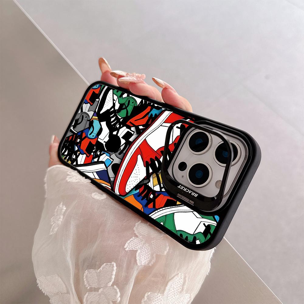 Trendy shoe patterns Acrylic hard shell For iPhone 17pro 15 Pro Max 11 12 13pro Multi functional lens phone holder phone case