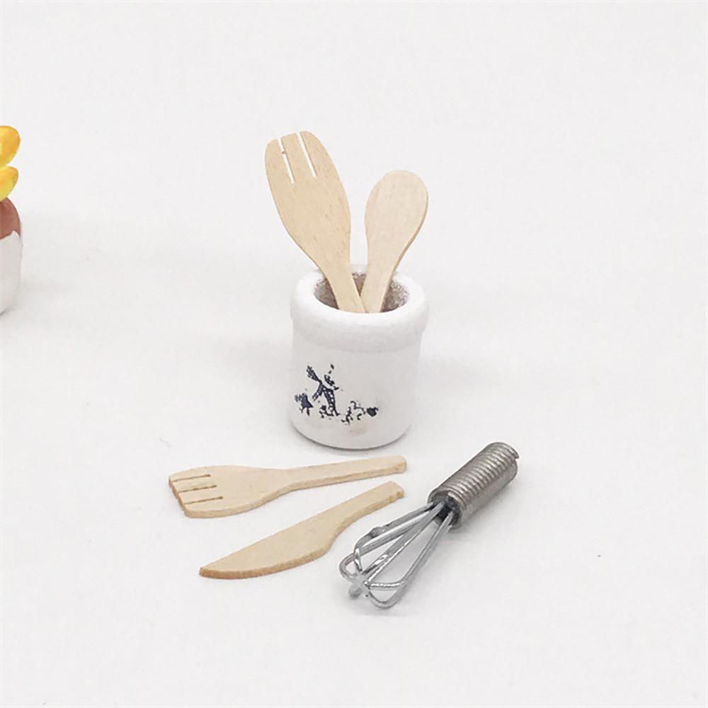Wooden Kitchen Fork Metal Whisk Jar Set Dollhouse Miniatures 1:12 Accessories