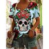 Plus Size Floral & Skull Print V Neck T-Shirt Casual Short Sleeve Top For Spring & Summer Women's Plus Size Clothing