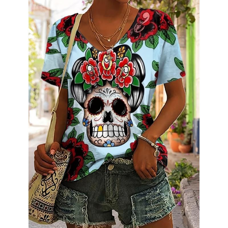 Plus Size Floral & Skull Print V Neck T-Shirt Casual Short Sleeve Top For Spring & Summer Women's Plus Size Clothing