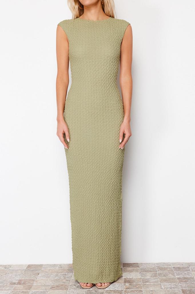 Women's Style Dress Black Textured Fabric Fitted Moon Sleeve Knitted Stretchy Midi Pencil Dress