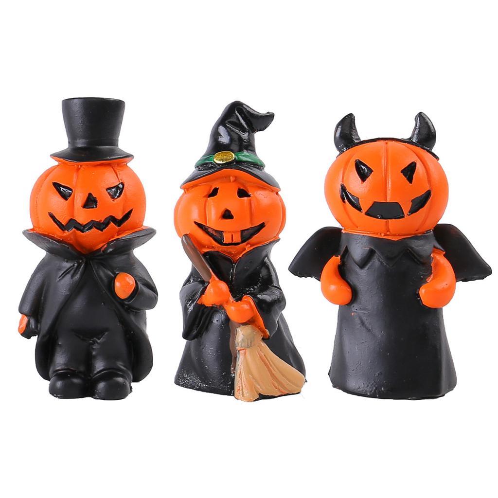 3pcs Halloween Pumpkin Decor Wizard Hat Devil Horns Miniature Resin Pumpkin Head Decoration for Table Home Bathroom