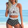 Women's Shoulder Strap Swimsuit with White Spotted Print Bikini Short Tank Top Swimsuit