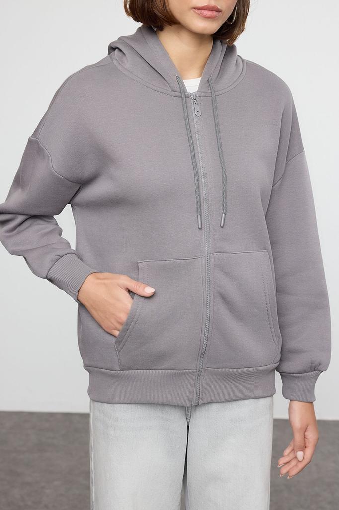 Women's Fashionable Stylish Sweatshirt Stone Oversize Comfortable Cut Basic Hooded Zippered Thick Inside Fleece Knitted Sweatshirt