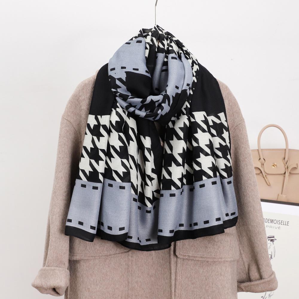 Autumn Cotton and Linen Travel Silk Scarf Female Korean Version of The Thousand Birds Grid Elegant Fashion Versatile Sunscreen Windproof Scarf