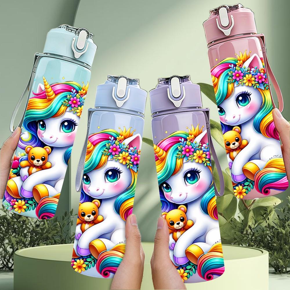 1PC Rainbow Unicorn Colorful Fantasy Print 750ml Color Plastic Sports Water Bottle Leakproof Flip Straw Lid Suitable for Sports Office Home Use