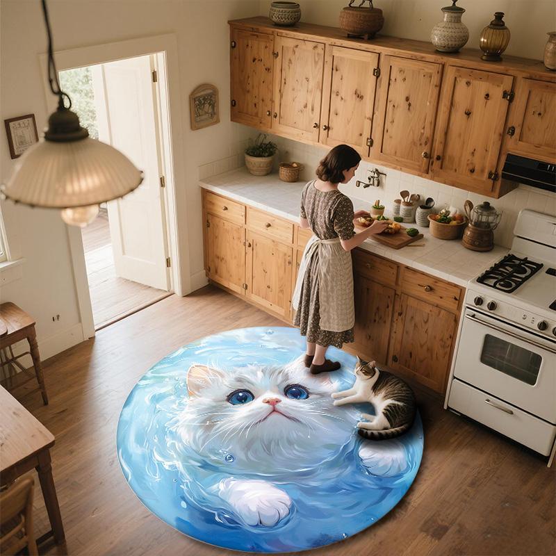 Кошка с рябью на воде, Круглый ковер, Ковер для гостиной, спальни, дивана, игровой комнаты, Декор, Нескользящий коврик для пола