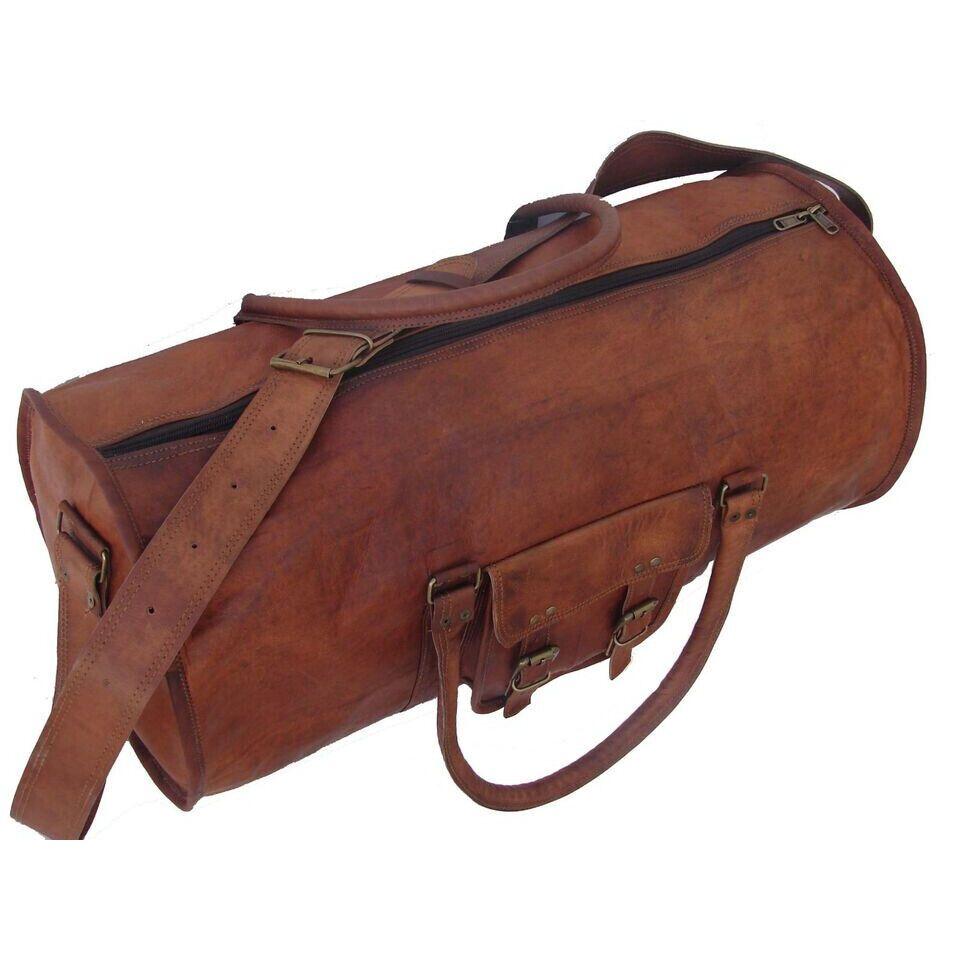 Men's Brown Vintage Genuine Goat Leather Travel Luggage Duffle Gym Bags Tote Ne