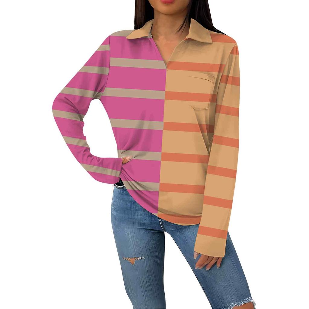 Женская модная повседневная футболка с длинным рукавом и V-образным вырезом в полоску с принтом и лацканами