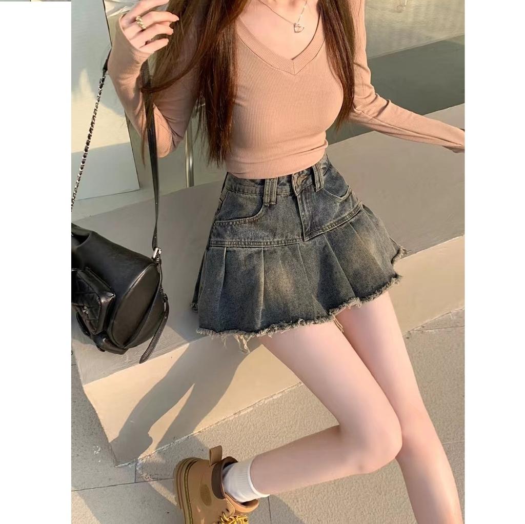 Юбка-плиссе из денима в стиле ретро Spicy Girl для женщин на лето, короткая юбка А-силуэта с высокой талией и антибликовым покрытием, закрывающая бедра