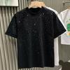 Summer Couple T-shirt Rhinestone Decor Round Neck Plus Size Short Sleeves Loose Pullover Solid Color Mid Length Unisex Daily Top