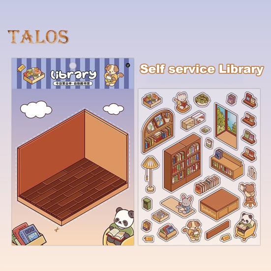 4 Set 3D DIY House Scene Stickers Stress Relief Decals Supermarket Coffee Shop Bookstore Sun Room Library Tear-resistant Surface Stickers