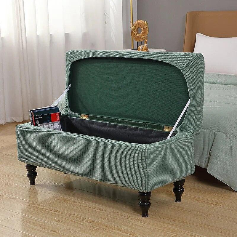 Solid Color Storage Ottoman Covers Rectangle Elastic Bedside Footstool Cover Non-Slip Polar Fleece Footrest Seat Bench Slipcover