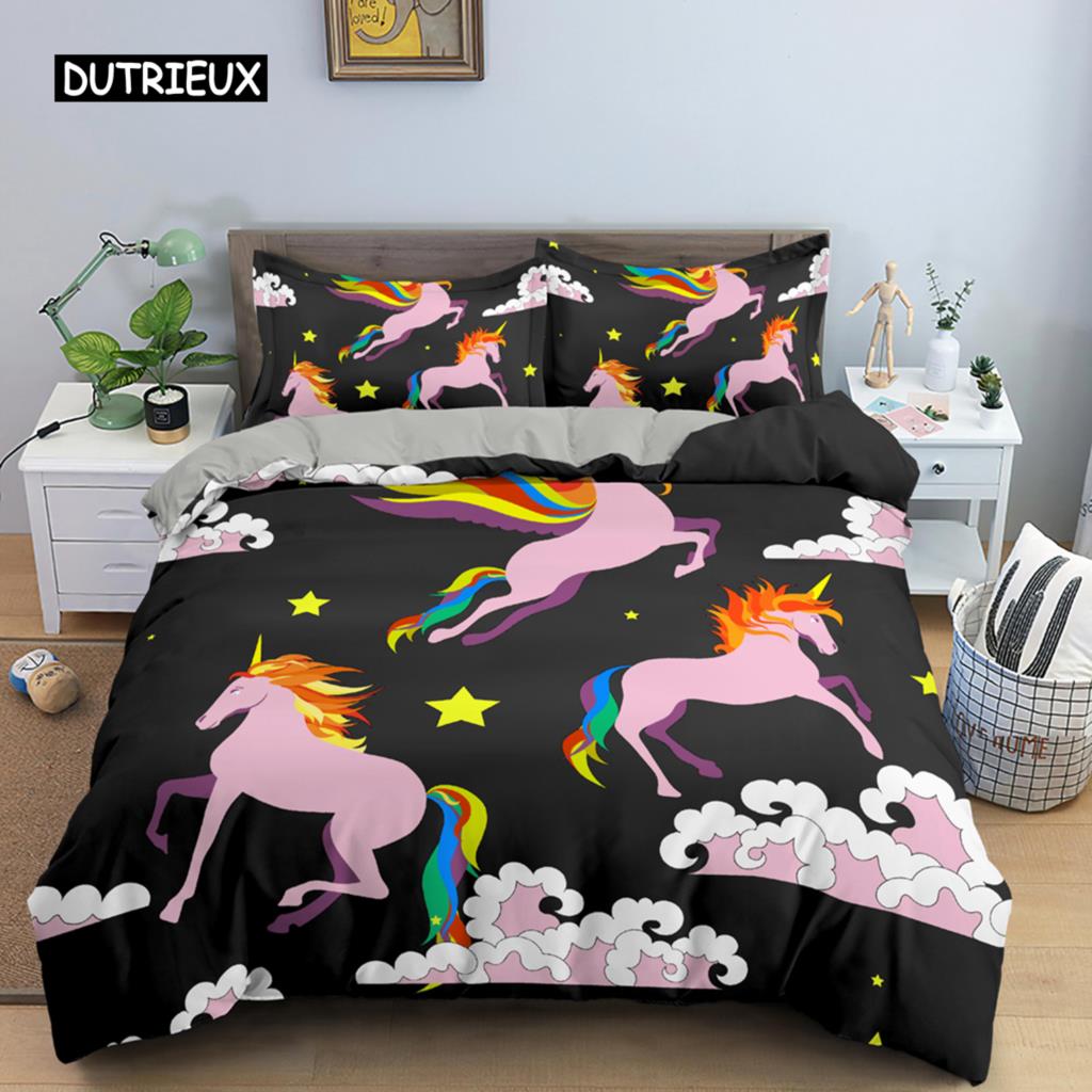 Пододеяльник с единорогом King Queen Комплект постельного белья с изображением животных из мультфильмов для детей и подростков, взрослых, милые белые волшебные существа, полиэстеровый пододеяльник