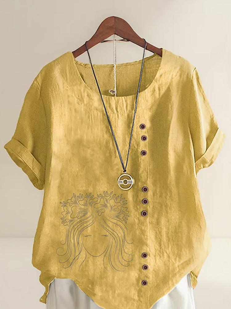 Women's Fashion Black Line Lady Print Casual Cotton Linen Short Sleeve Round Neck T-shirt Shirt Leisure Loose Summer Blouse Tops
