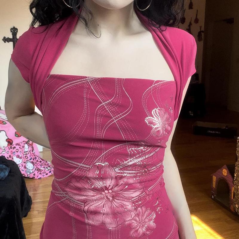 Футболка Y2K с цветочным принтом, шикарная, розовая, винтажная, с коротким рукавом, женская, облегающая, укороченная, топ 2000-х годов, модные летние футболки