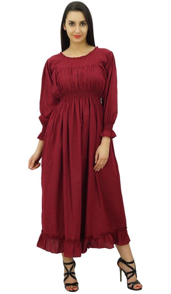 Bimba Women's Cotton Smocked Waist Long Casual Maxi Dress
