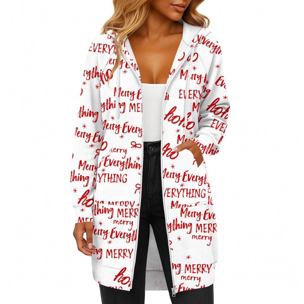 Женская модная рождественская толстовка с длинными рукавами, капюшоном на кулиске, карманом на молнии, длинная, повседневная