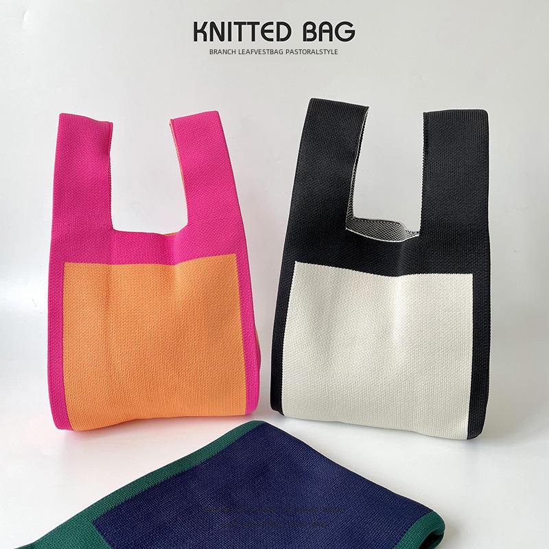 Вязаная сумочка в корейском стиле с цветными блоками: Высококачественная, вместительная сумка на плечо и запястье