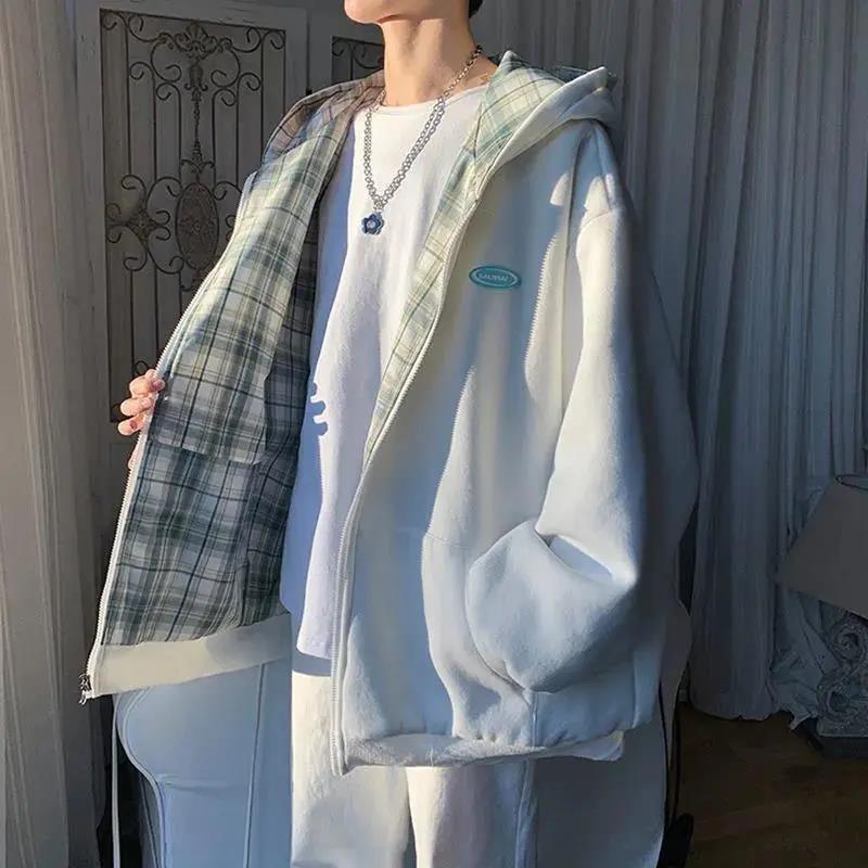 Двусторонняя куртка для мужчин и женщин, весенне-осенняя свободная японская бейсбольная форма, универсальный кардиган, теплая куртка с капюшоном и длинными рукавами