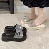 2025 Summer New Casual and Comfortable Thick-bottomed Rhinestone Slippers Women's Outer Wear Temperament Round Head Flat Bottom Cool Slippers