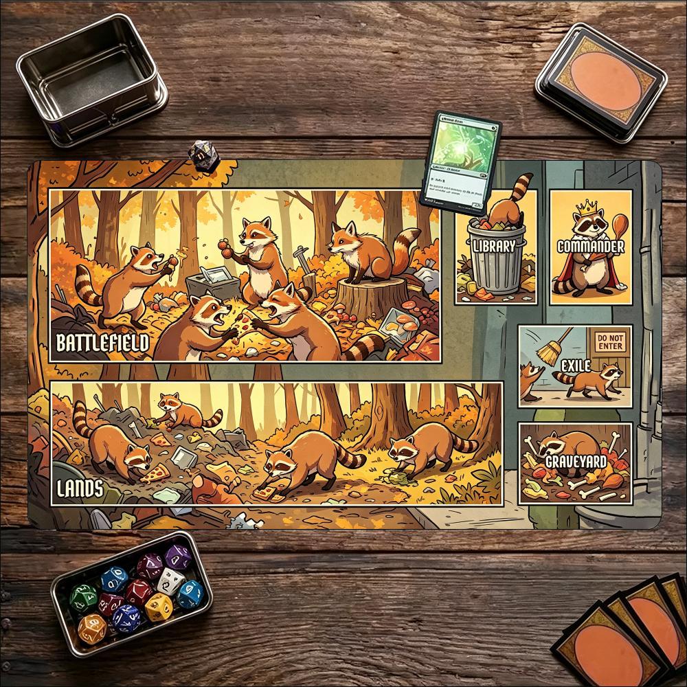 Cute Raccoon Forest Cartoon Large Game Playmat Non Slip Rubber Pad For Card Board Game Table Laptop Keyboard Home Office Desktop