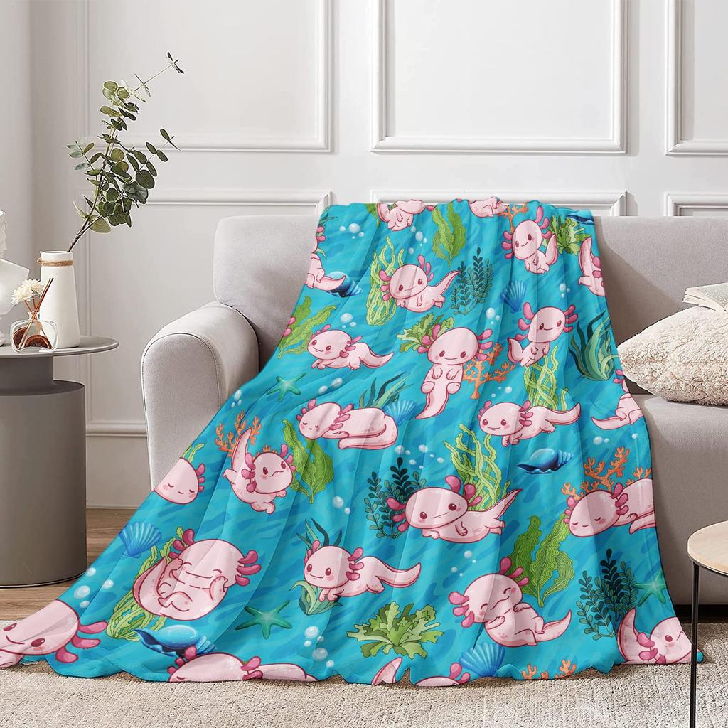 Cartoon Axolotl Blanket Kawaii Ocean Animal Throw Blankets for All Season Seaweed Aquarium Soft Flannel Sofa Blanket for Kids