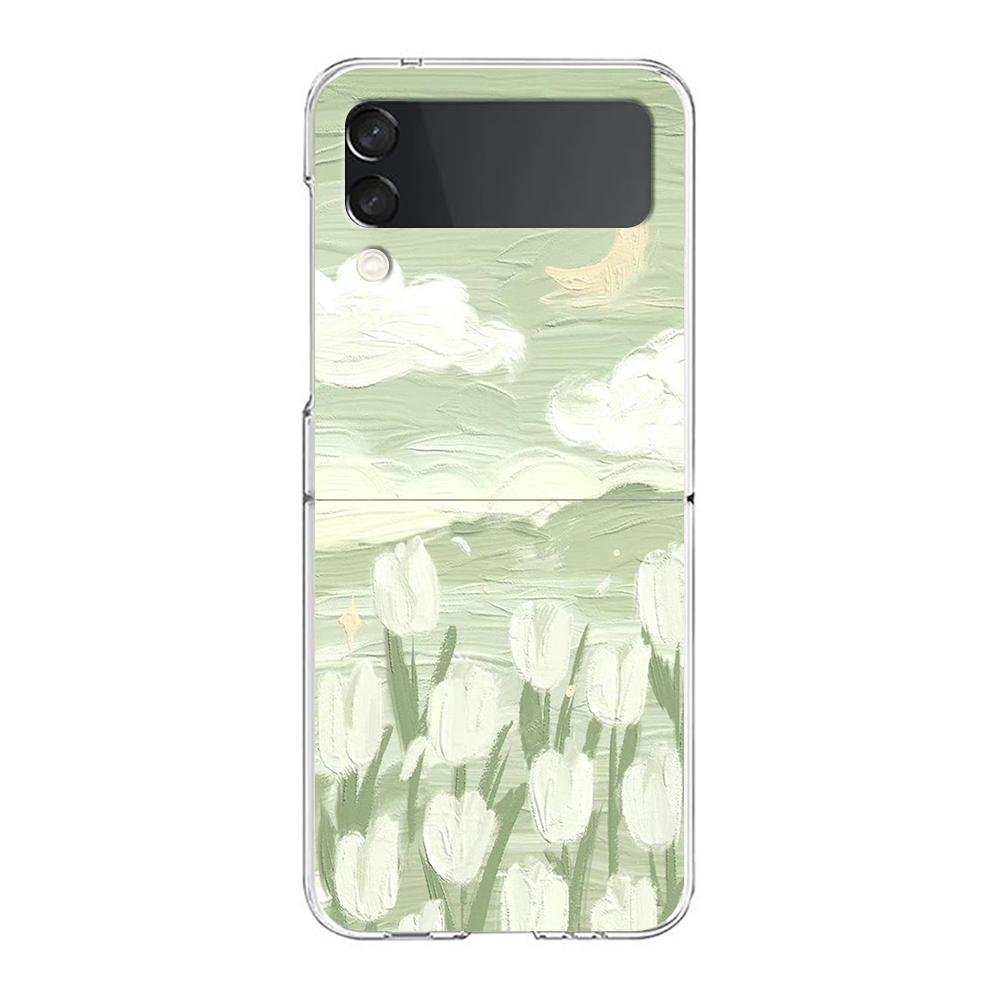 love flower Art Phone Case For Samsung Galaxy Z Flip 3 4 5 Hard Folding Clear PC Bumper For Samsung Z Flip3 Transparent Cover
