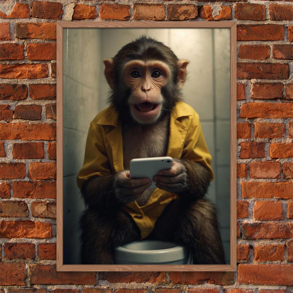 Funny Monkey on Toilet Wall Art Poster Surprised Chimp with Phone Print Canvas Painting Jungle Bathroom Decor Toilet Wall Decor