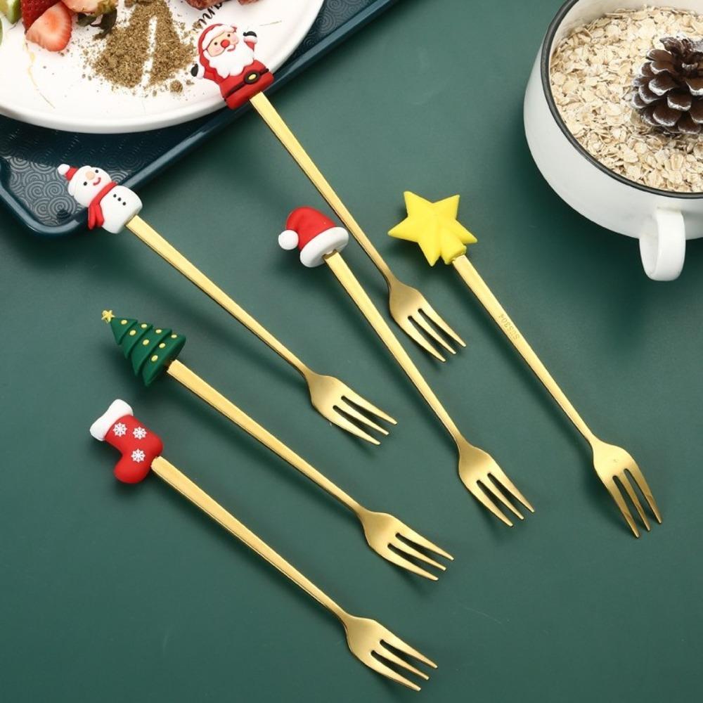 4/6pcs Gold Silver Spoon Fork Set Merry Christmas Coffee Tea Spoon Dessert Fork  Birthday Gift