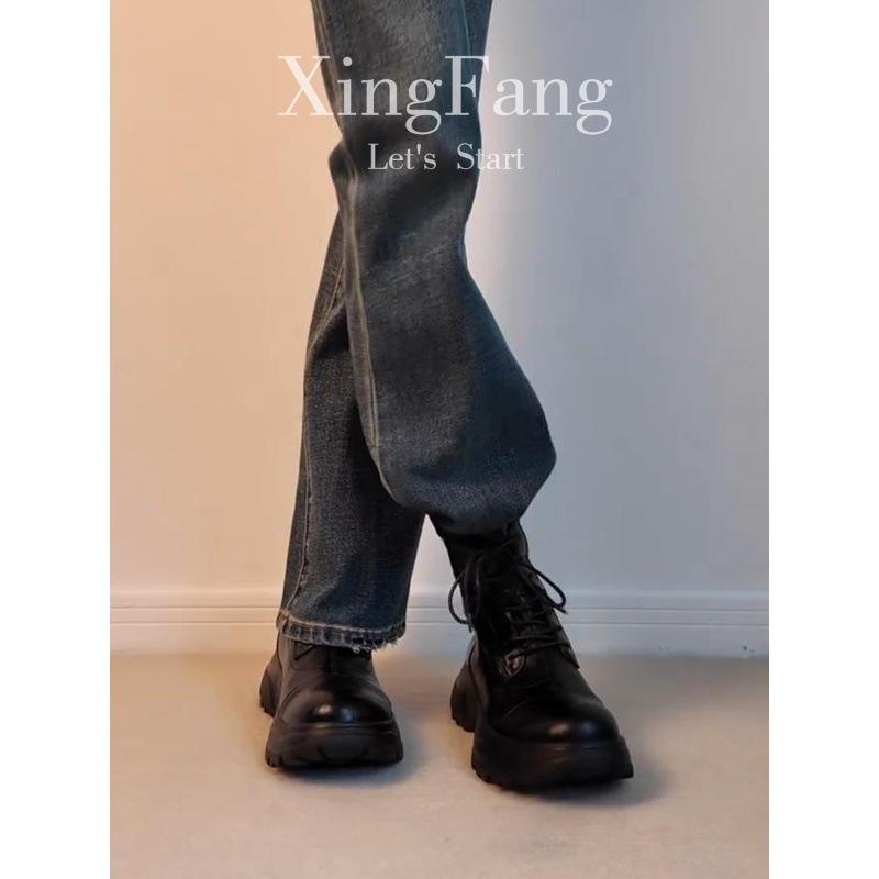 Cowhide version~ British style retro leather thick-soled Martin boots women's autumn and winter new lace-up heightening thin boots short boots