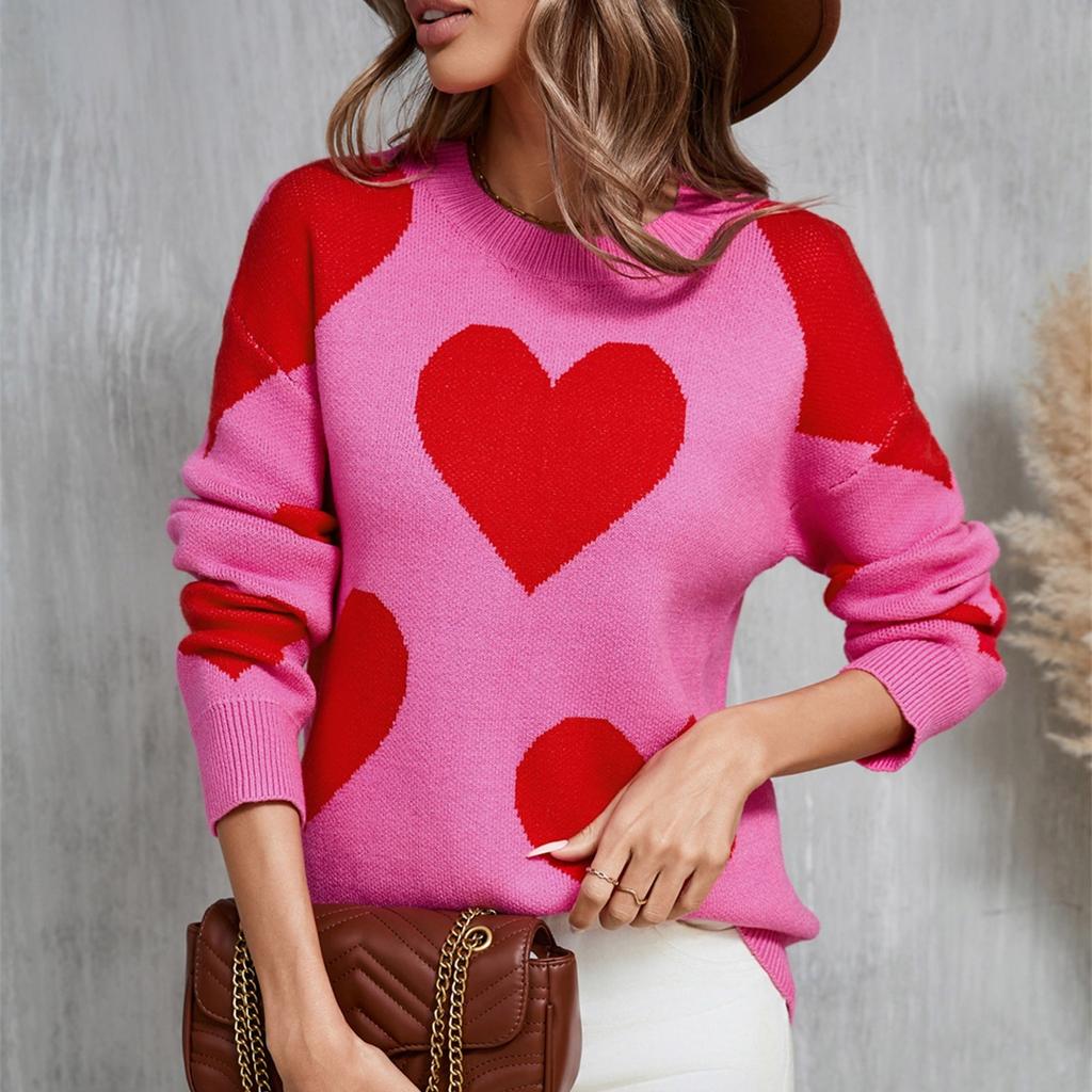 Женский свободный повседневный модный свитер с круглым вырезом и сердечком, вязаный свитер-рубашка