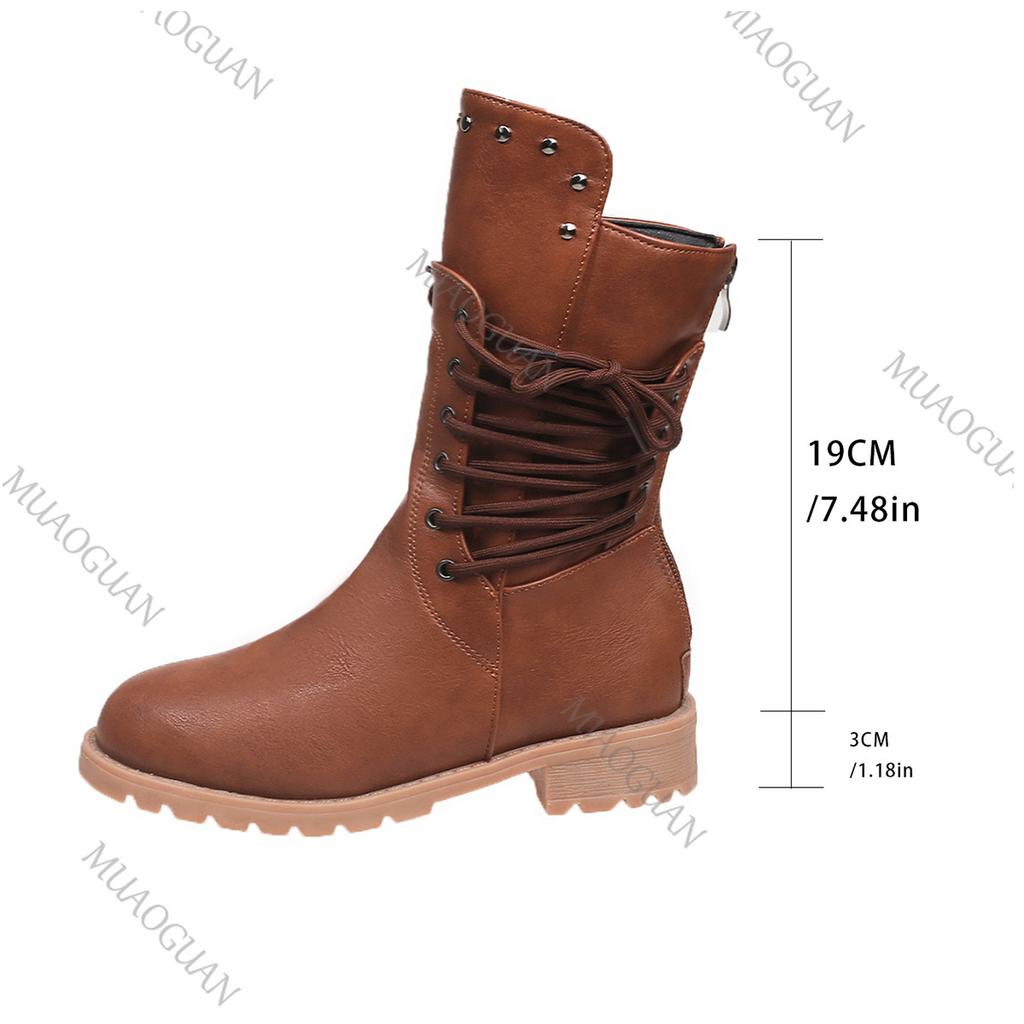 Fashion Short Boots Women Autumn and Winter New Retro Rivets Knight Boots Female Lace Up Thick Low Heel Round Head Solid Bota Feminina