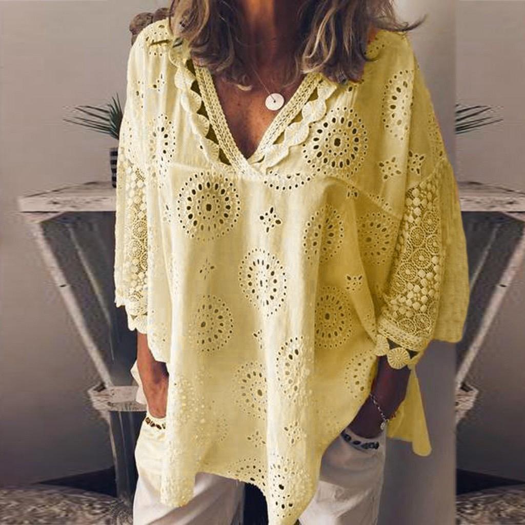 Women Half Sleeve Cotton Linen Hollow Out Lace Patchwork T-Shirt Blouse Tops