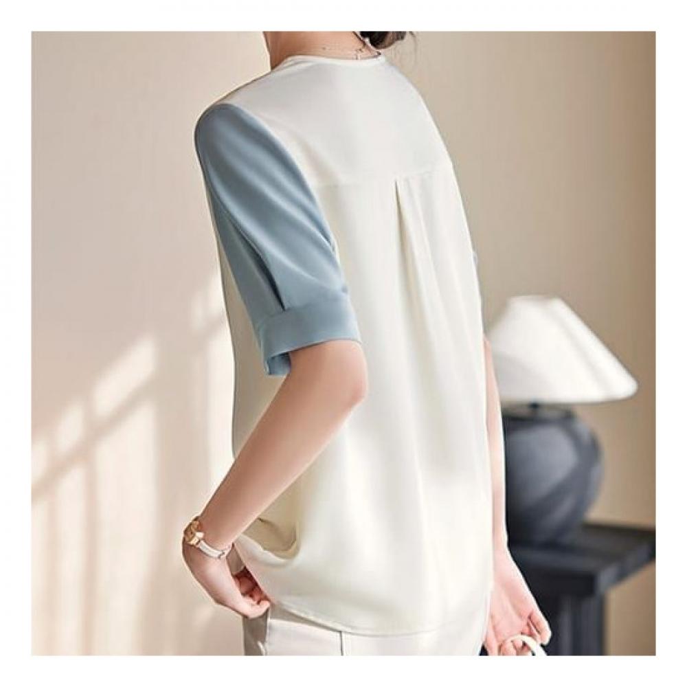 NaVaVa Women Two Tone V Neck Short sleeVe Blouse Nb2184