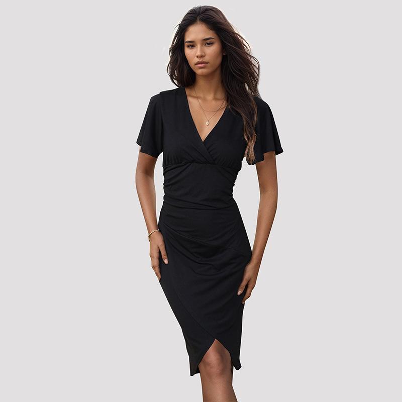 YYFS Women's Fashion Summer Spring Solid Color Print Short Sleeve V-Neck Middle Waistline Casual Dresses