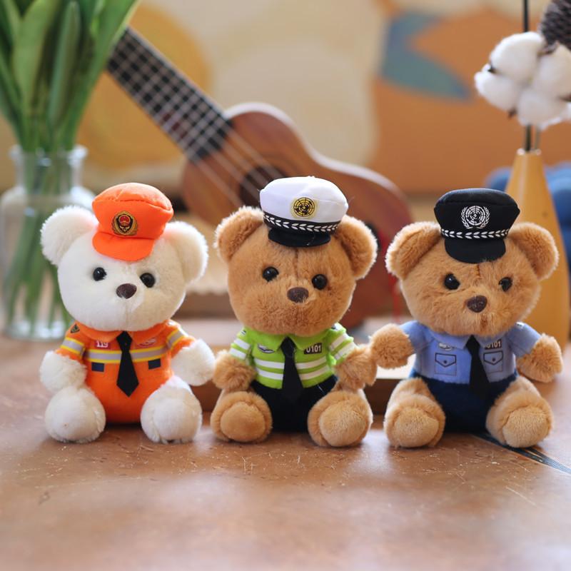 Adorable Plush Teddy Bear Keychain Soft Pp Cotton Stuffed Toy Police Firefighter
